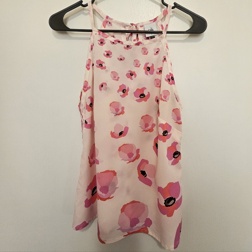 Cabi womens light pink with dark pink & coral poppy print halter top size small